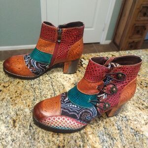 Womens US 6 2020 Vintage Printed Buttons Blok Heel Bootie Ankle Boots Shoes